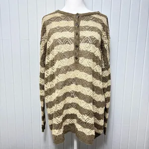 Peruvian Connection Vintage‎ Crochet knit Brown and Cream Striped Sweater Size L thumbnail 2