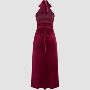Burgundy Velvet Halter Bowknot Lace Up Maxi Dress: M/Size 6 thumbnail 2