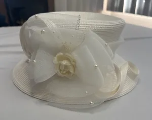 White Elegant Church Dress Hat with Mesh Bow Rose and Faux Pearls thumbnail 1