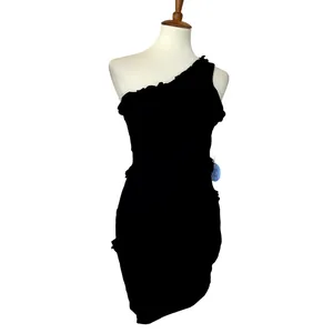 Revolve Black Mini Dress SMALL One Shoulder Bodycon Cotton More to Come $72 NEW thumbnail 4
