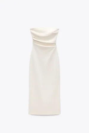 Zara dress bodycon strapless sleeveless tailored midi white wedding party thumbnail 11