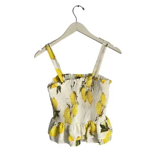 Aqua White Yellow Peplum Tank Top Smocked Lemons Novelty Prep Summer Vacation M‎ thumbnail 2