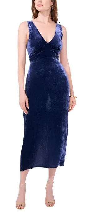 NWT 1. State Womens Velvet Midi V Neck Rear Slit Dress DS93017245AM Navy Blue S thumbnail 1