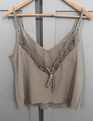 Sage Green Textured Lace Trim Tie Back Camisole Adjustable Strap V-Neck Tank Top thumbnail 1