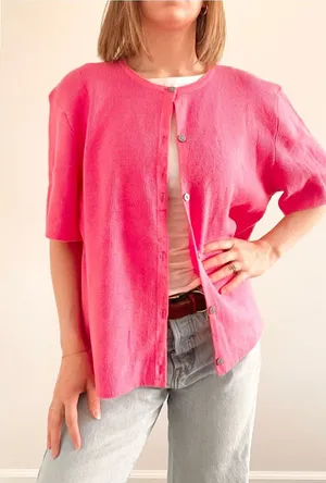 Boutique Brand Bright Pink Short-Sleeve Button Cardigan Top thumbnail 1