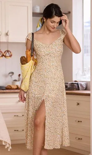 RIHOAS The Yellow V Neck Floral Slit Midi Dress thumbnail 1