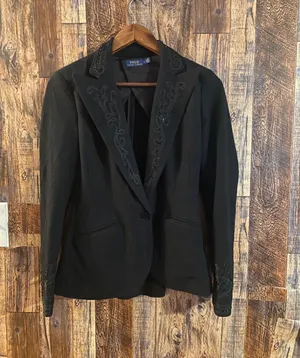 Polo Vintage  Ralph Lauren Beaded Scroll Pattern Black Wool Blazer US 4 thumbnail 1