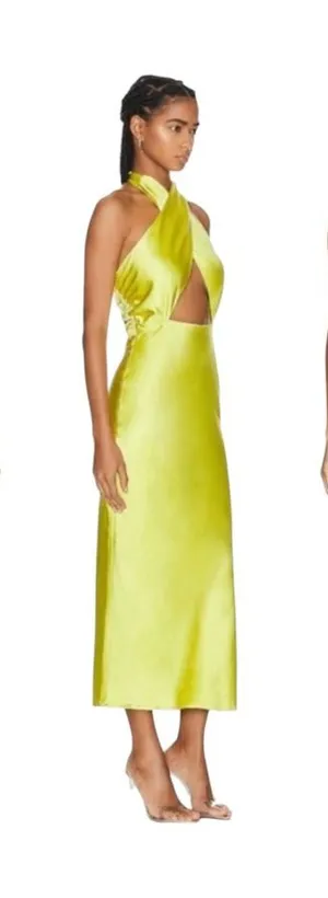 SIMON MILLER Satin Halter Chartreuse Prom Wedding Guest Long Slip Dress 10 thumbnail 1