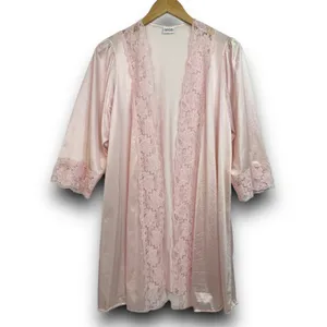 Vintage Avon Style Pink Satin Nylon Open Lace Trim Robe Midi Length Small Medium thumbnail 4