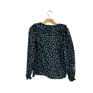 LOFT Black Blue Floral‎ Ruffle Tie Neck Blouse Romantic Cottagecore XS thumbnail 3