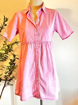 Pink Button-Front Denim Shirt Dress thumbnail 1