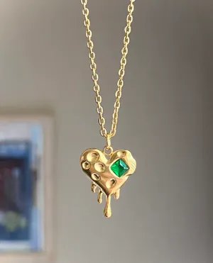Handmade gold tone stainless steel chain & green glass crystal heart chic vintage retro style necklace💚👼 thumbnail 1