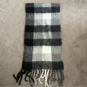Chunky Soft Knit Black Grey Plaid Fringe Scarf thumbnail 3