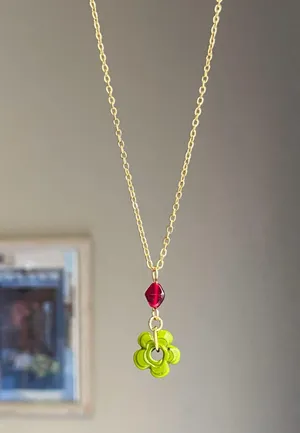 Handmade artisan chunky mini flower glass beads & red Czech glass beads cute fairy cottage chic necklace 💐🩵 thumbnail 2