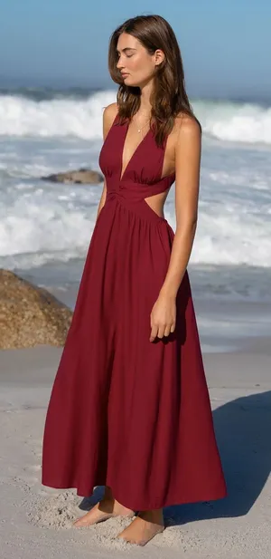 Berlook Wine Red V Neck Plaeted Beach Dress thumbnail 1