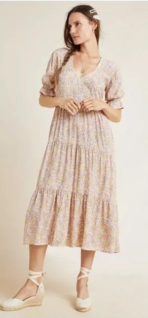 Faithfull The Brand La Falaise Dress Womens Large Beige Floral Puff Sleeve Boho thumbnail 1