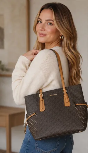 Michael Kors Tote East West Signature Jacquard Voyager Dark Brown Bag Purse thumbnail 1