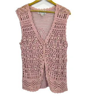 Reference Point Vintage Crochet Tank Top Long Vest Size L Pink Boho Hippie Fairy Embellished Y2K thumbnail 1