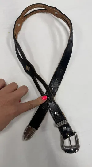 Vintage Black Genuine Leather Western Concho Belt SilverTone Buckle Boho Cowgirl thumbnail 1