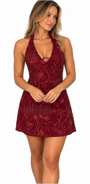 Thirty Thirty Halter Floral Sequin Mini Dress in Wine NWT - Size: XS thumbnail 1