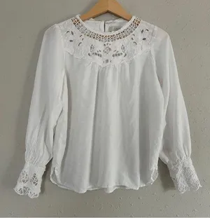 LOFT White Eyelet Lace Long Sleeve Blouse Neutral Casual Office Small thumbnail 1
