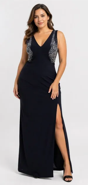 Vintage Cache Women's Evening Dress Navy Blue Maxi Beaded Chest XL Stretch Rayon thumbnail 1
