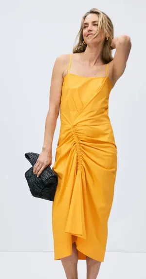 Callas- Angie Dress Yellow Ruched Midi Dress with Spaghetti Straps Size 40 US 4 thumbnail 1