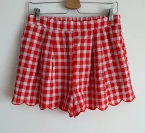 NWT Entro Red Gingham Plaid Scallop Hem Shorts High Rise Pleated Large L thumbnail 1