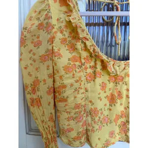 Free People Yellow Floral Smocked Back Ruffle Crop Top Long Sleeve Size Medium thumbnail 2