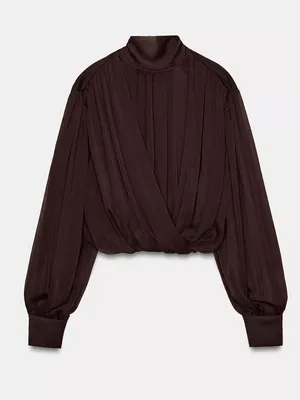 Zara NWT draped High-Neck Long-Sleeve mesh Blouse top Brown thumbnail 1