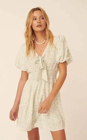 Nantucket Tie-Front Mini Dress Puff Sleeve - Cream Floral Small NWT I-14 thumbnail 1