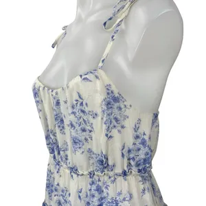 Mine Women's White Blue Floral Tiered Sleeveless Mini Tank Flare A-Line Dress S thumbnail 3
