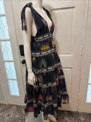 Farm Rio Tiered printed cotton-voile midi dress In Black Size Medium thumbnail 8