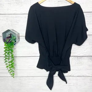 Ann Taylor Black Boatneck Dolman Sleeve Smocked Waist Tie Back Top Size Large thumbnail 9