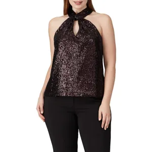 Parker Dallas Sleeveless Twist Halter Lined Burgundy Sequined Top Size Medium thumbnail 9
