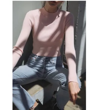 Brandy Melville Brett Top Ribbed Cropped Long Sleeve One Size Small Pink thumbnail 1