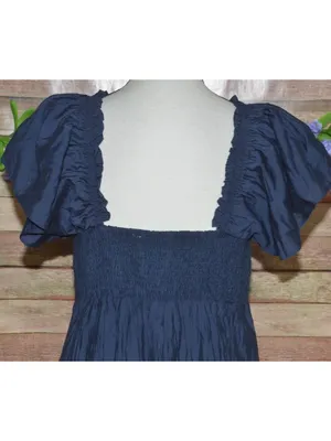 In February Navy Blue Tiered Maxi Dress Size L Milkmaid Puff Sleeve Keyhole Tie thumbnail 7