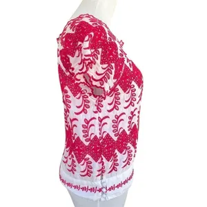 Anthropologie Vanessa Virginia Embroidered White and Pink Cotton Eyelet Top S thumbnail 4