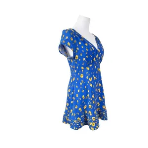 Free People Blue Peasant Faux Wrap Dress 8 Blue Floral Cap‎ Sleeves Keyhole thumbnail 2