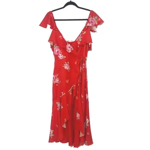 Altar'd State Wrap Dress Hi Lo Ruffle Orange Red Floral Medium Romantic Garden thumbnail 2