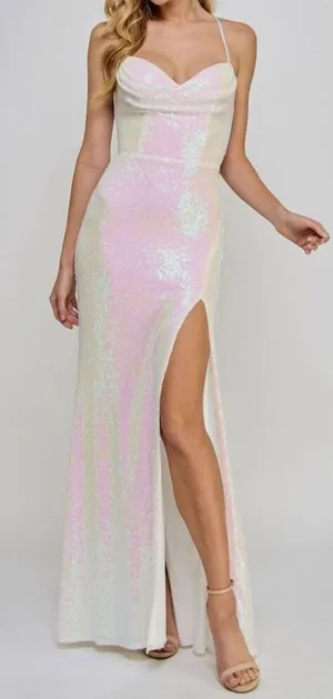 B Darlin Sequined Cowlneck Lace-Up-Back Gown Size 12 Iridescent $129‎ thumbnail 1