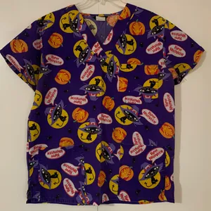 Just Love Halloween Cats Pumpkin Scrub Top 3 Pockets Med/Lrg thumbnail 5