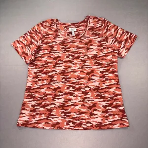 Denim & Co Active Womens Medium Red Pink Camo Short Sleeve Cotton Stretch Top thumbnail 1