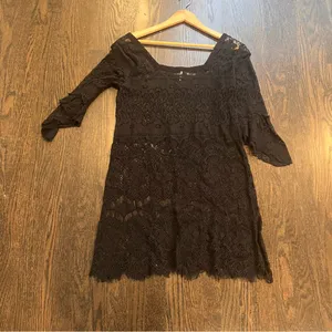 Free People Black Lace Bell Sleeve Mini Dress XS Festival Boho Crochet Tunic thumbnail 9