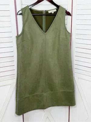 Loft Faux Suede V Neck Jumper Shift Mini Dress Olive Green 8 Tall Sleeveless thumbnail 8