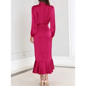 NEW Satin Mock Neck Cocktail Midi Dress Wrap Ruched Ruffle M thumbnail 5
