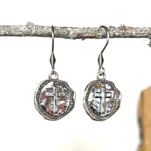 Western Chic Cross Etched Silver tone Dangle Earrings. Wax Seal Cross thumbnail 2
