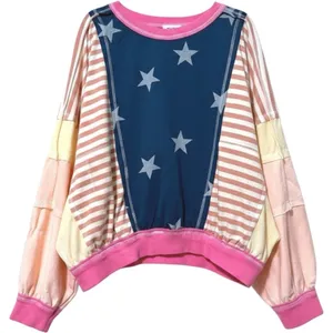 BIBI‎ Patchwork Pullover Sweatshirt Blue Pink Stars Stripes Boho Womens Large thumbnail 1