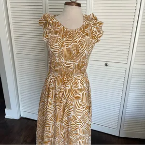 THML midi dress brown white line print ruffle sleeve smocked medium thumbnail 11