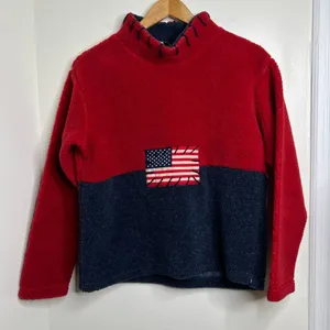VTG USA American Flag Fuzzy Sherpa type Top Size Small yarn details mock neck thumbnail 1